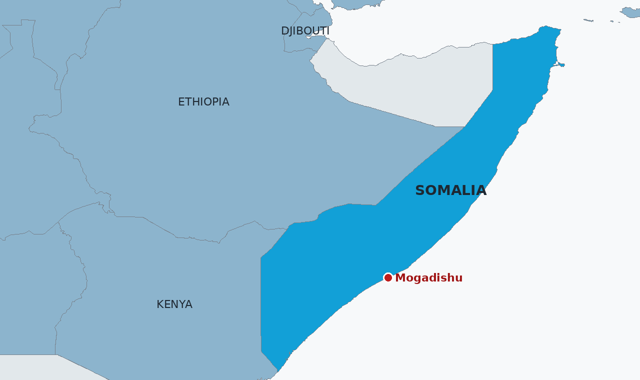 Somalia in blue on the Horn of Africa, with Mogadishu marked on the coast. Ethiopia, Kenya and Djibouti border it, and the African Union force that stays behind works across the same ground al Shabab contests in the countryside.