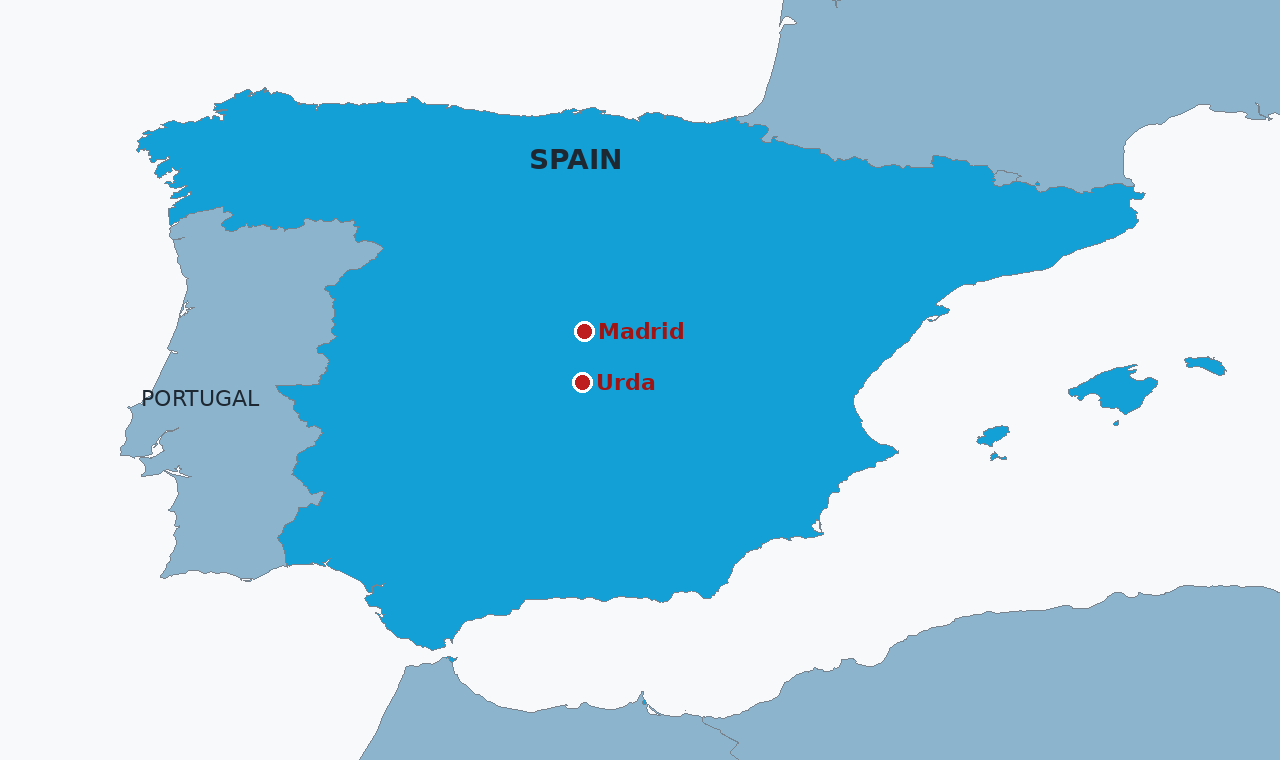 Spain in blue, with Madrid and Urda marked. The collision happened near kilometre 118 of the Madrid to Seville high speed line, south of the capital in Toledo province.