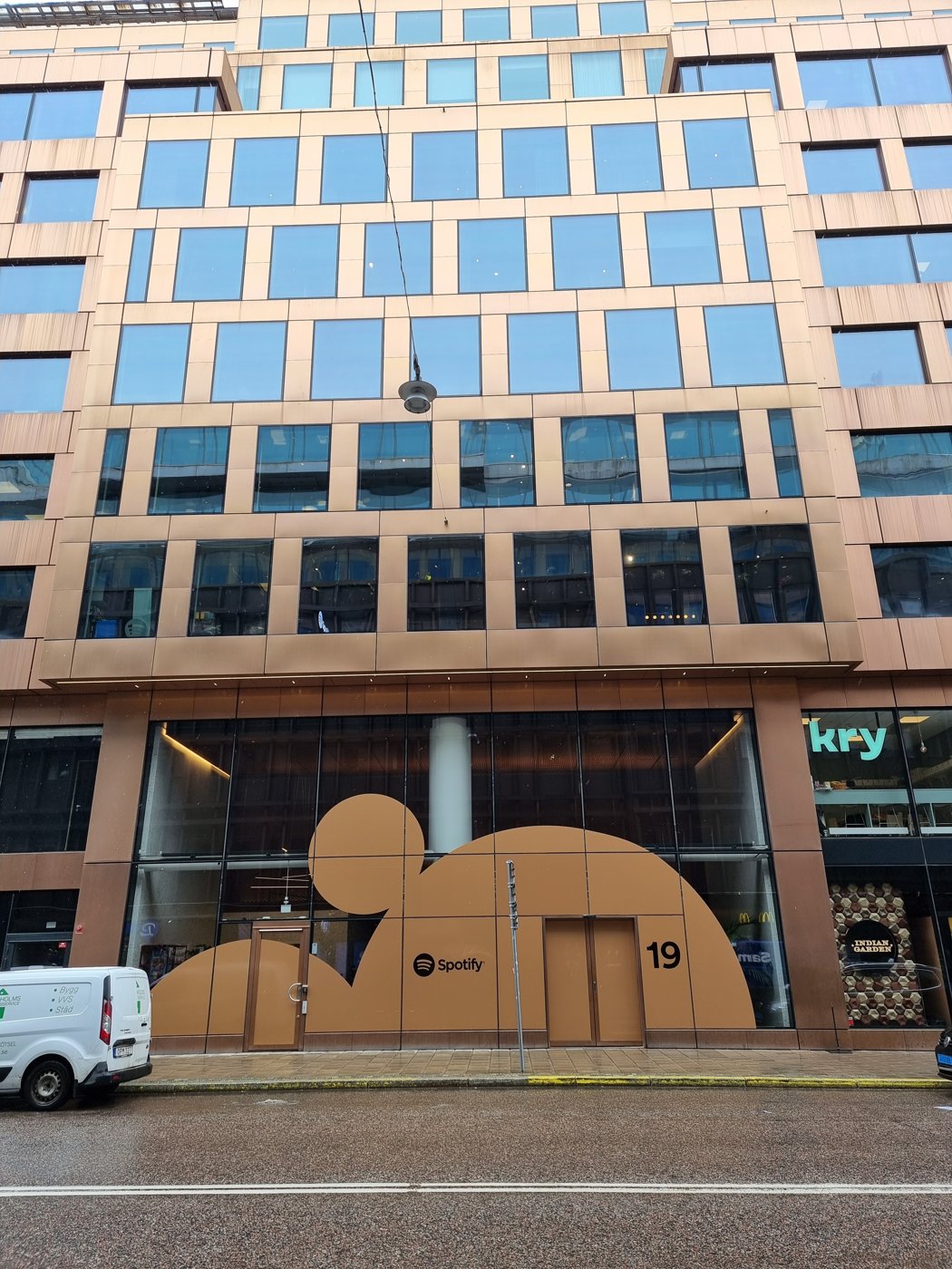 Spotify's headquarters at Regeringsgatan 19 in Stockholm, the Spotify logo on the entrance. File photo.