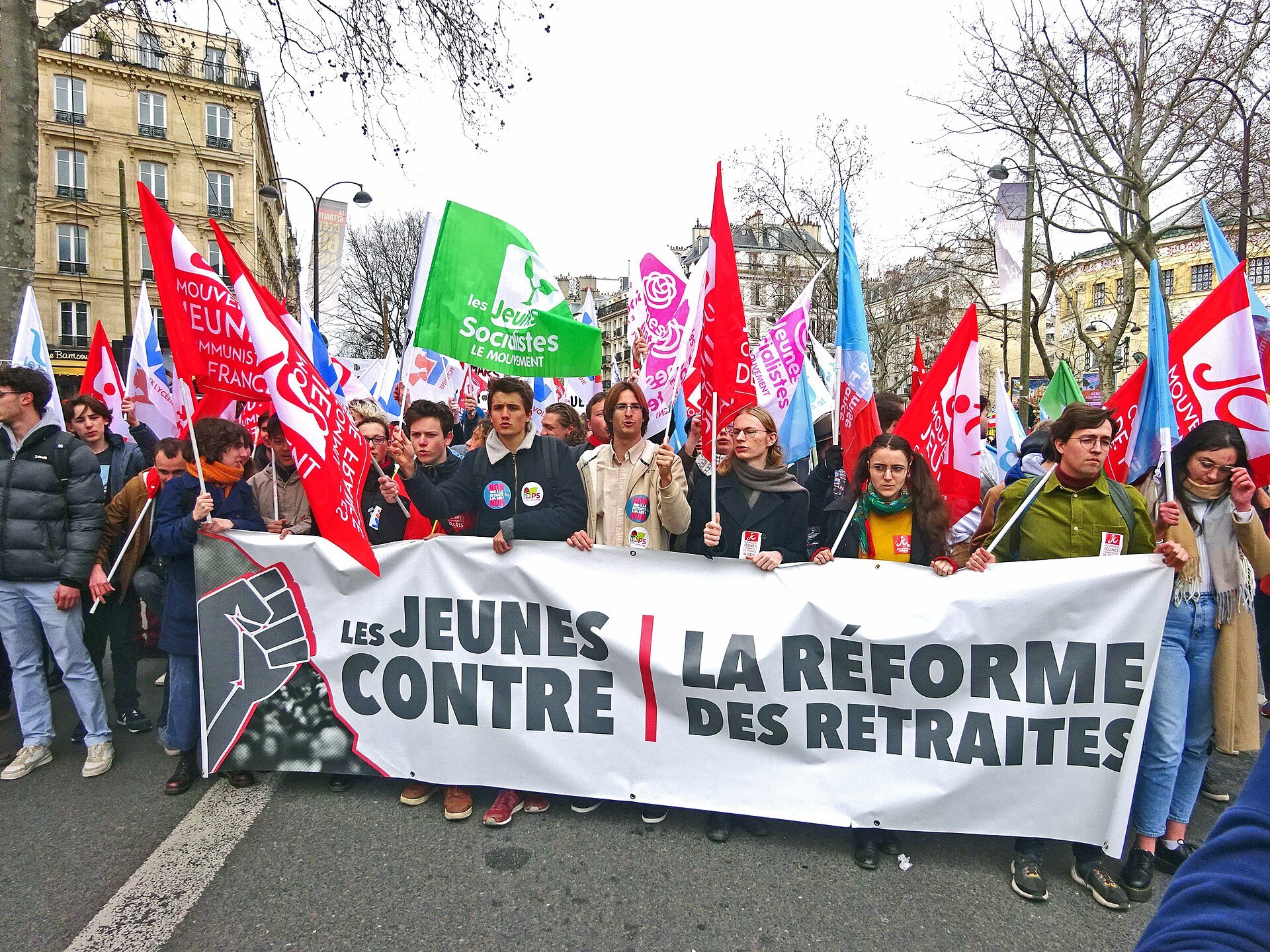Young protesters march in Paris during the pension reform demonstrations of 2023.