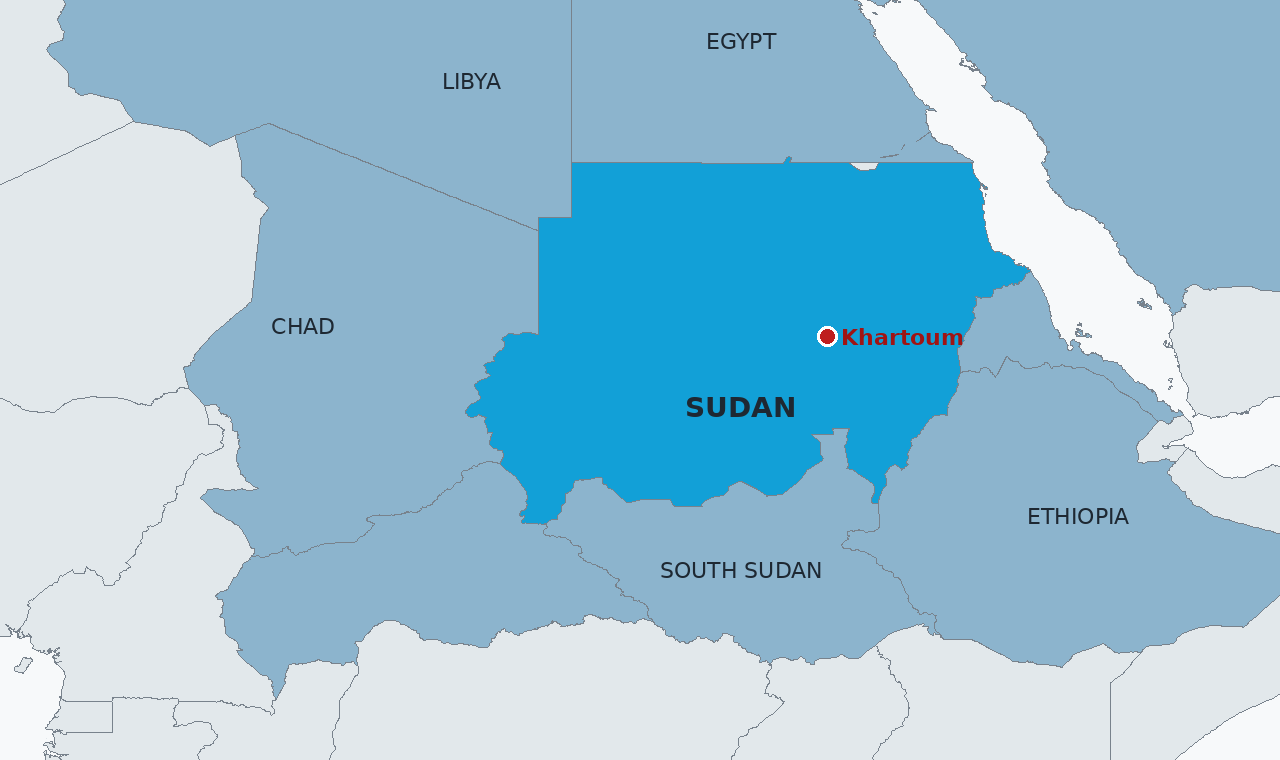 Sudan in blue, with Khartoum marked. The UN mission traced supply networks running through Chad and Libya to the west and north, two of the neighbouring states in frame; the Somalia and Emirates routes it named lie beyond this frame.