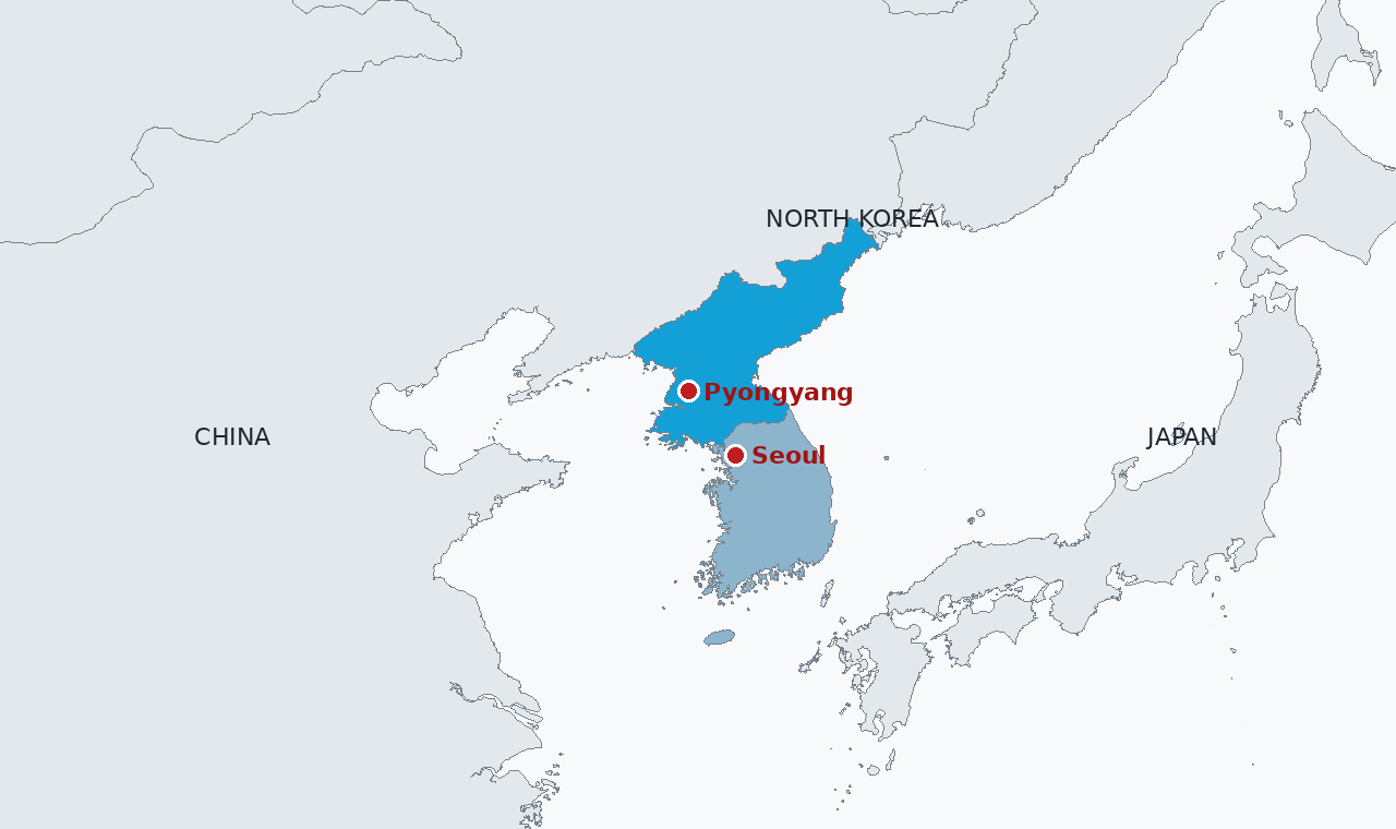 North Korea in blue, with Pyongyang marked and Seoul, Cassis's next stop, to the south. The reopened Swiss office reports to Switzerland's embassy in Beijing.