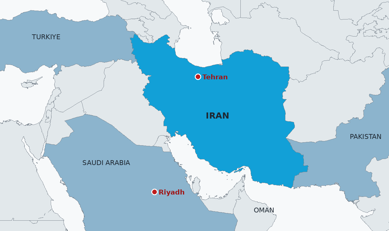 Iran in blue, with Tehran, where the four delegations met, marked, and the three Mecca pact capitals' region around it: Saudi Arabia, Pakistan and Turkiye in steel grey.