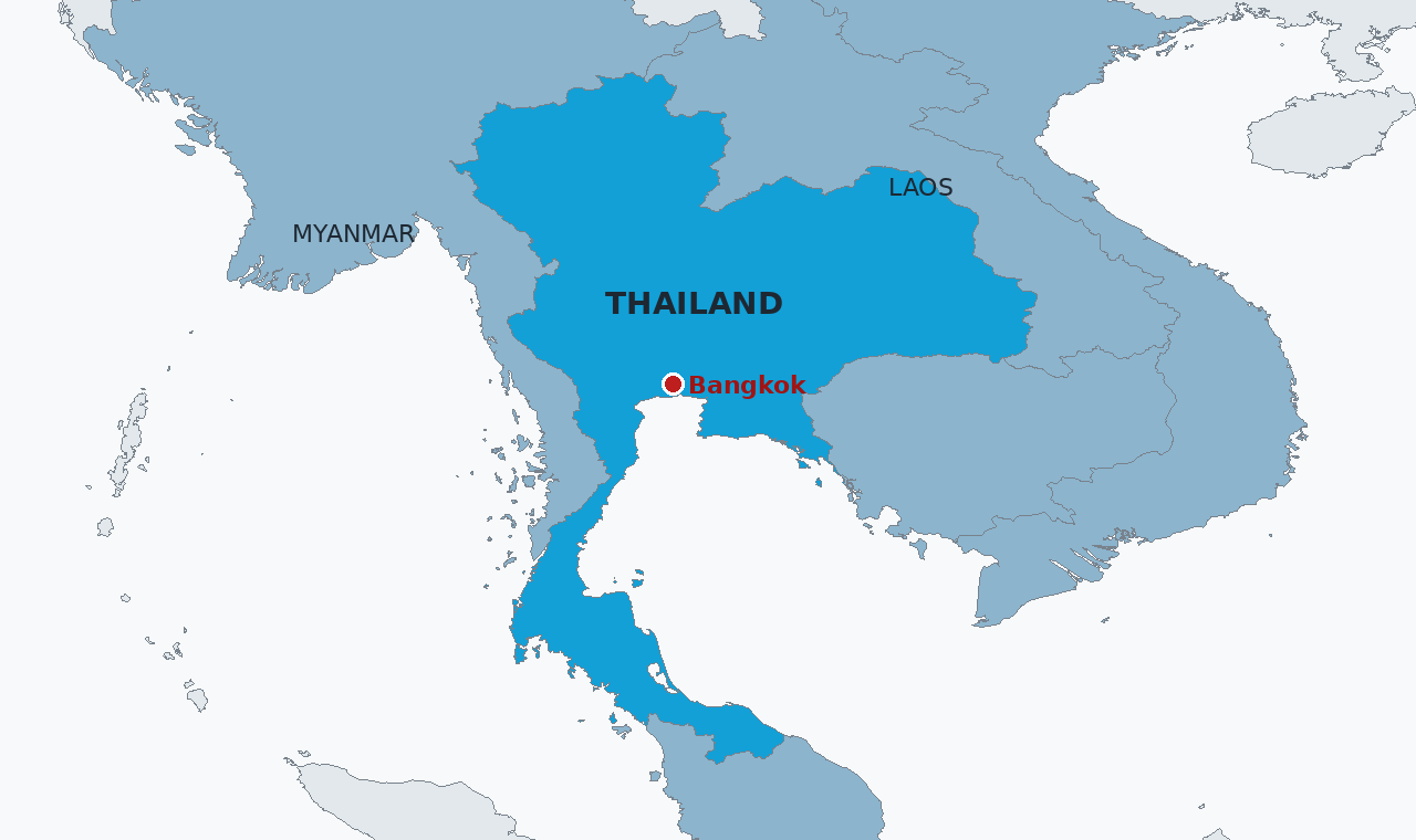 Thailand in blue, with Bangkok marked, and Myanmar and Laos, two of the neighbours whose central banks face the same oil driven inflation, in steel grey.