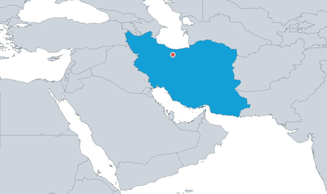 Iran in blue, with Tehran marked. Qatari mediators were in the capital on Sunday in a United States coordinated effort, while the Gulf states watch the water between them and Iran.