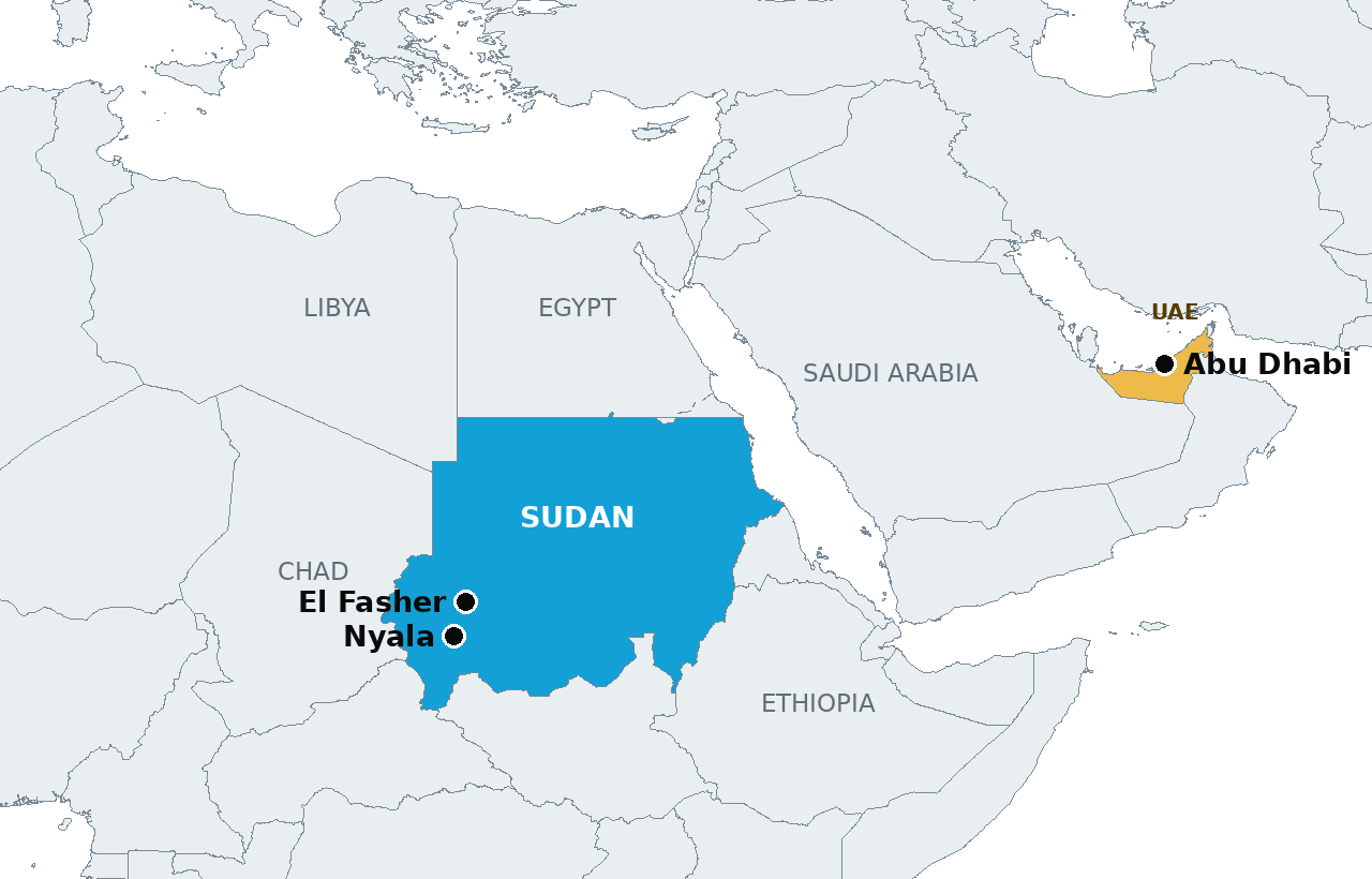 Sudan, highlighted, with El Fasher and Nyala in Darfur marked, and the United Arab Emirates in gold across the Gulf, with Abu Dhabi marked. UN investigators say supply routes to the RSF ran through Chad, Libya and Somalia into Nyala.
