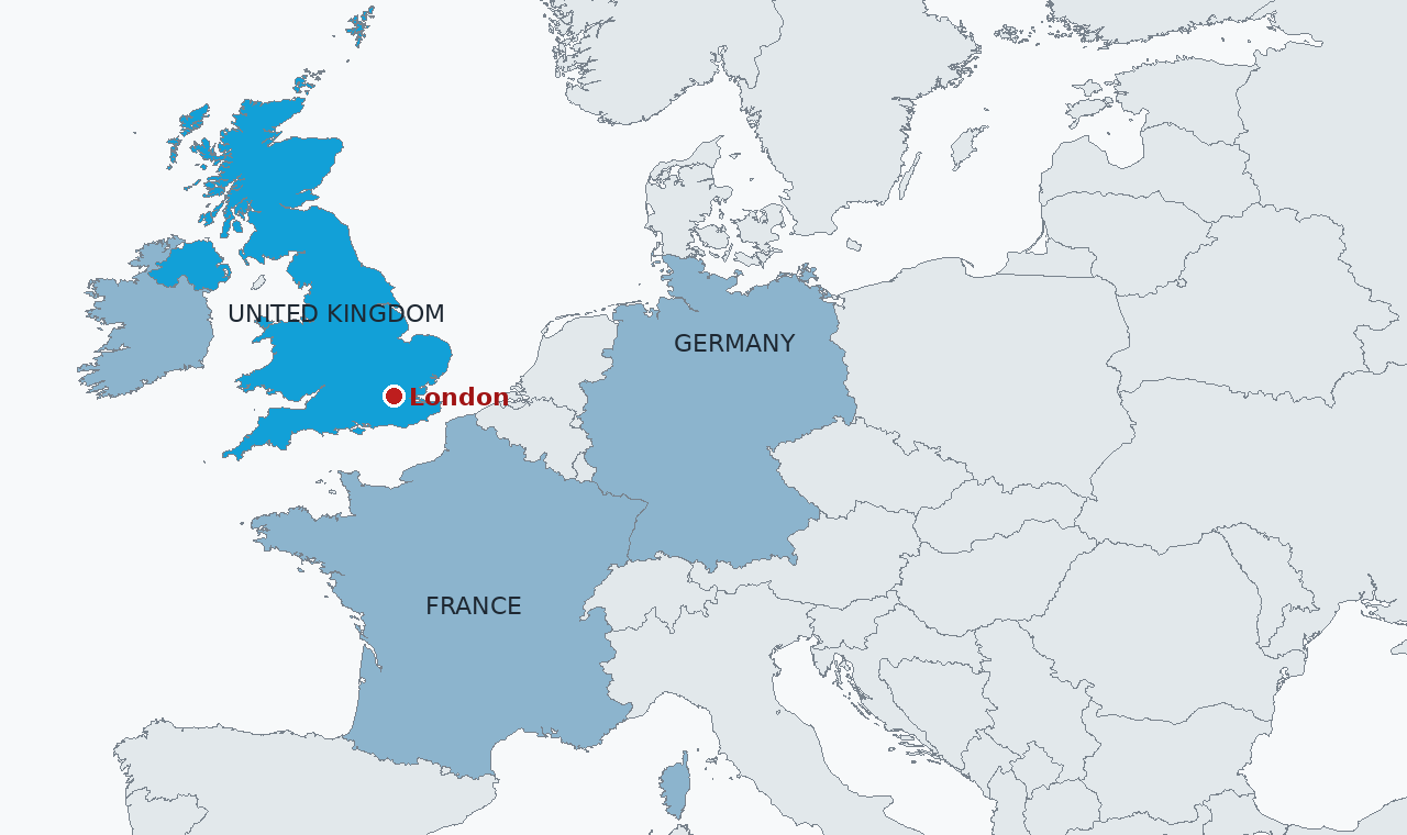 The United Kingdom in blue, with London marked, and France and Germany, the two bond markets whose recent selloffs frame Healey's caution, in steel grey.