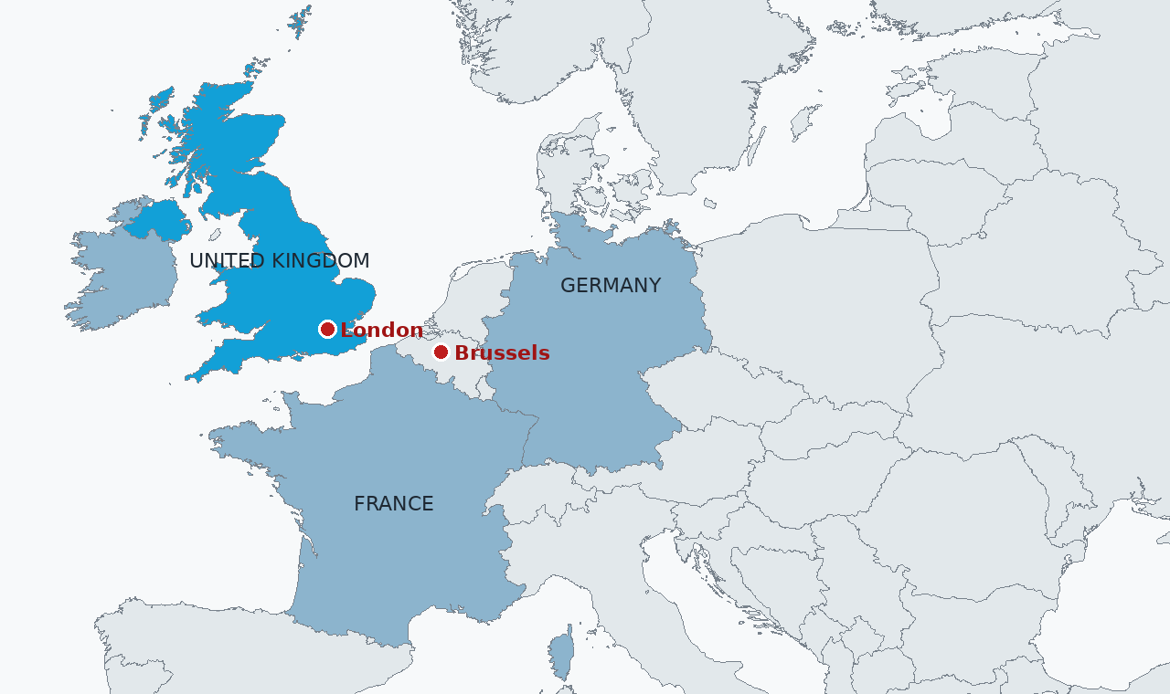 The United Kingdom in blue, with London and Brussels marked, and France and Germany, the two capitals discussing the trusted partner compromise, in steel grey.