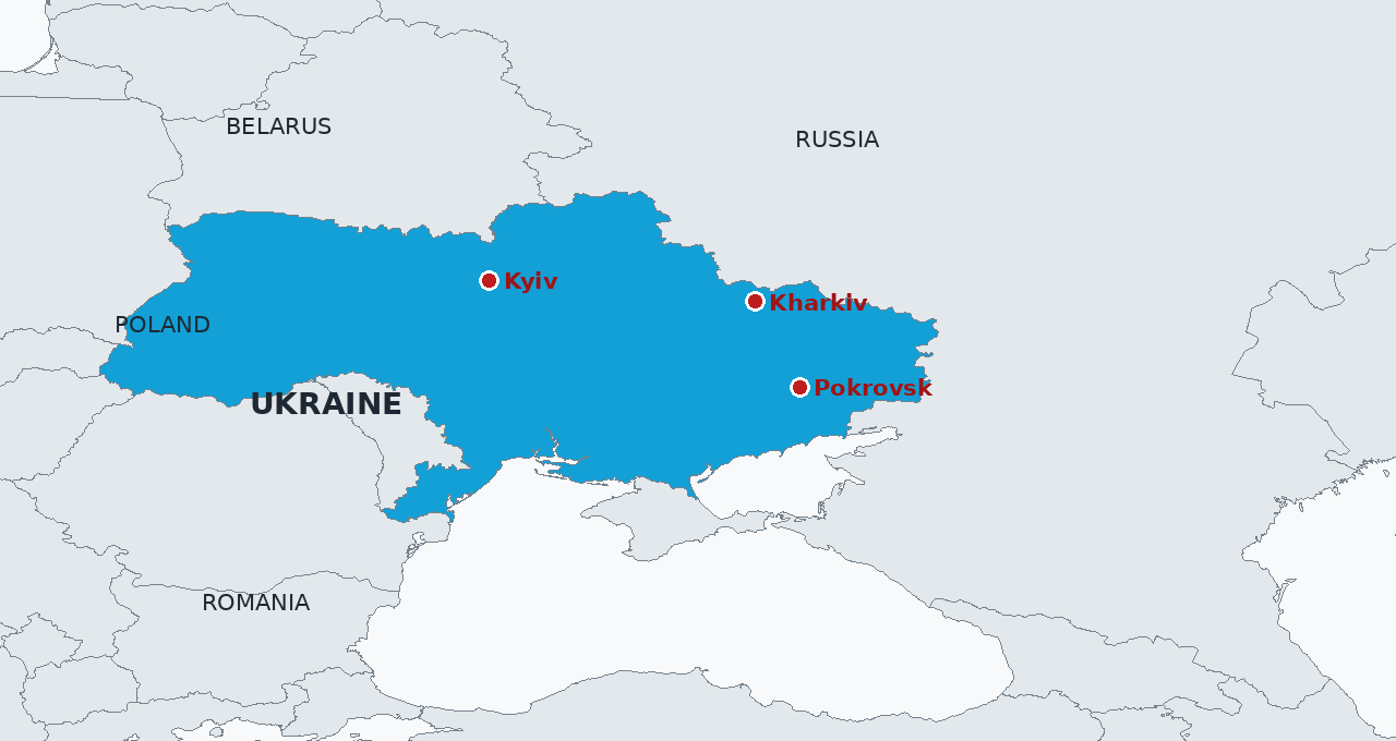 Ukraine in blue, with Kyiv, Kharkiv and Pokrovsk marked. The front line runs through the east and south, where the capped satellite link guides the drones and interceptors that defend Ukrainian cities.