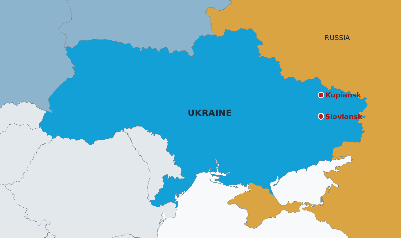 Ukraine in blue and Russia in amber, with Kupiansk, the site of the Veles operation, and Sloviansk, south of the ground cleared in the Vivaldi operation, marked in the east. Crimea is shown in amber as Russian controlled.
