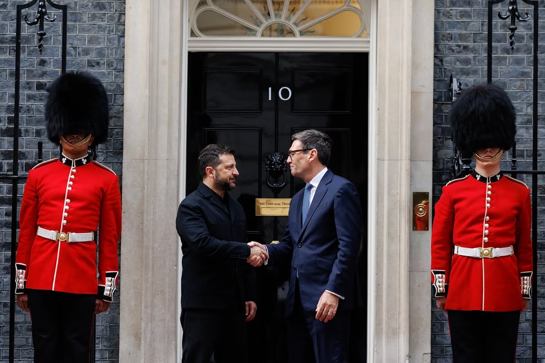 President Volodymyr Zelenskiy is welcomed by Prime Minister Andy Burnham at 10 Downing Street in London. Zelenskiy used his nightly address on Tuesday to reveal the Veles pipeline operation near Kupiansk for the first time. File photo.