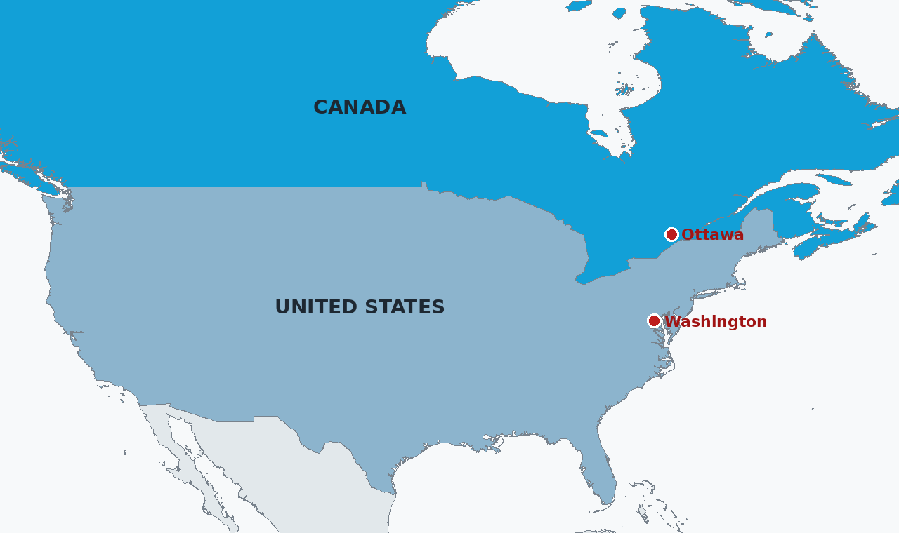 Canada in blue and the United States in steel grey, with Ottawa and Washington marked. The tariffs under discussion fall on Canadian steel and autos entering the American market.