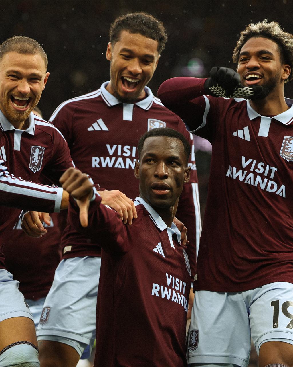 Nicolas Jackson, front centre, celebrates with Aston Villa teammates during the win over Manchester City at Villa Park. Jackson scored both Villa goals.