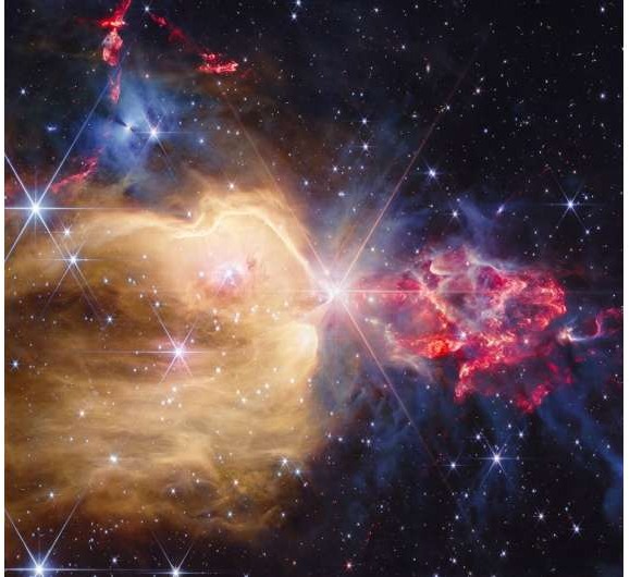 NGC 7129 in Webb's infrared view: the golden cavity carved by LkHa 234 on the left, shocked red gas on the right, and the central star between them.